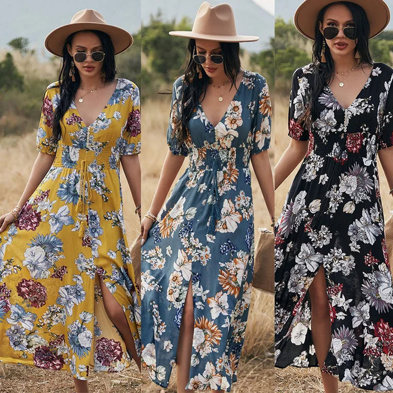 

2023 Summer New Sexy Print Bohemian Dress Waist-Tight Slimming Women's Wear