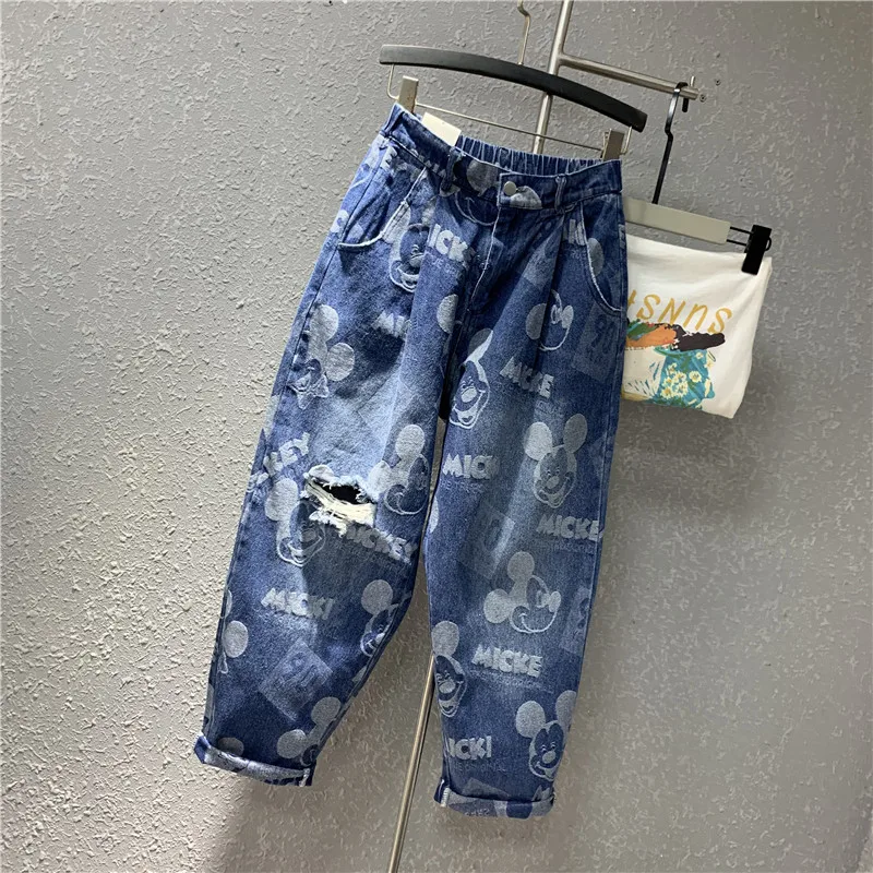 Cartoon Ripped Loose-Fit Jeans European Style Summer 2023 New Long Slimming Slim Fit Dad Harem Pants Jeans High Waisted Trousers