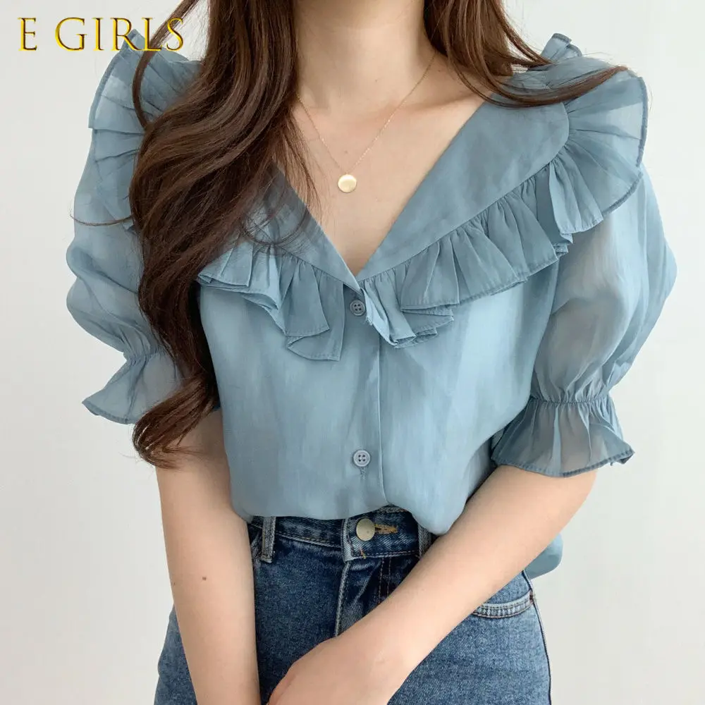 

Women Solid Shirts Sweet Girls Ruffles Puff Sleeve Breathable Thin Slender Teenagers Tops Trendy Korean Style Designer All-match