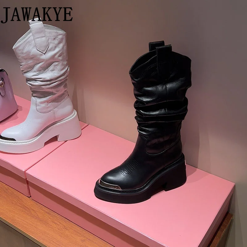 

Женские зимние длинные ботинки, плиссированные кожаные ботинки на толстой подошве, обувь на танкетке, увеличивающая рост, новинка 2024