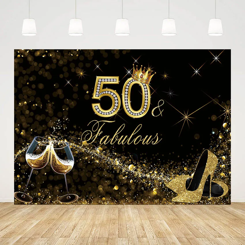 

Black Gold Backdrop 50th Fabulous Birthday Photo Lady High Heels Party Champagne Glitter Decoratio Photography Background Studio