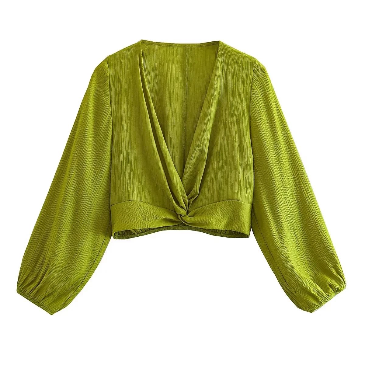 

Блузка женская с V-образным вырезом, элегантный пикантный укороченный Топ с длинным рукавом, винтажная модная повседневная трендовая рубашка с узлом, цвет зеленый, на лето