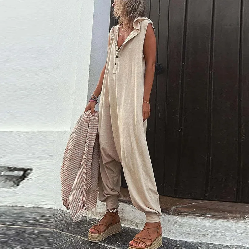2023 Women Retro Solid Jumpsuit Casual Sleeveless Button Hooded Jumpsuits Lady Fashion Loose Pocket Pleated Small Foot Overalls