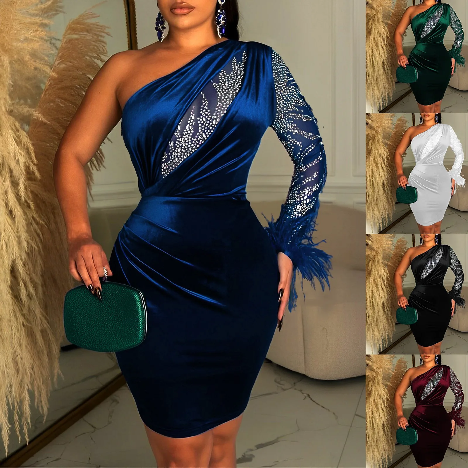 

Women's Mesh Stitching Velvet Sexy Slant Shoulder Long Sleeved Lace Hip Wrap Dress Causal Mini Dresses Vestidos Mujer Robes