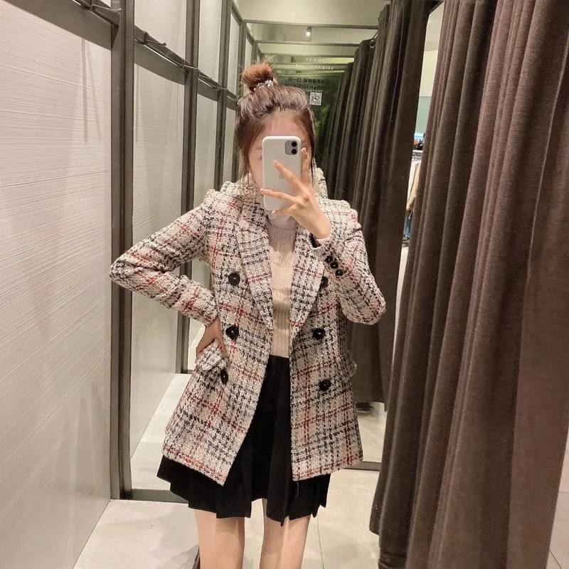 Woman Plaid Blazer Texture Temperament Ladies Lapel Western Slim Body Coat Jacket Women  Office Lady Blazer