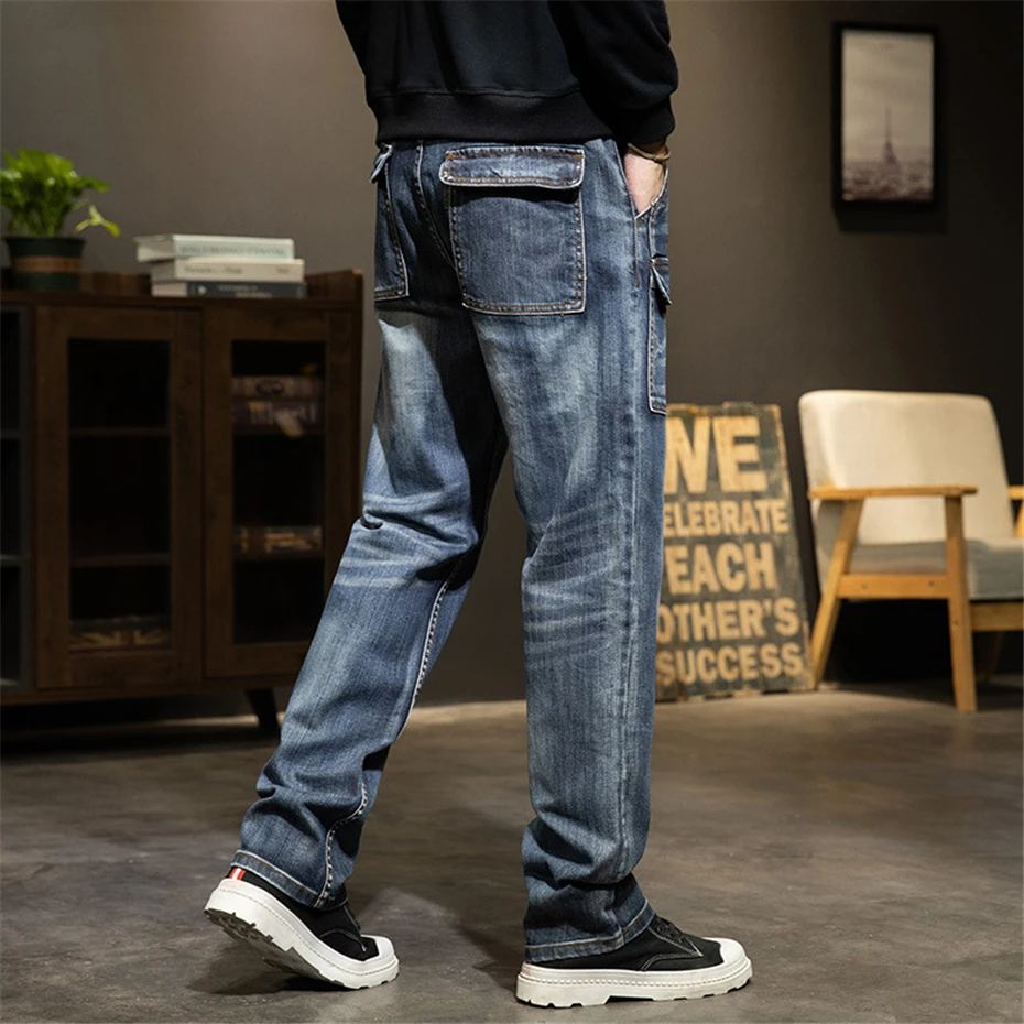 42 44 Plus Size Jeans Men Blue Denim Pants Baggy Cargo Jeans Pants Streetwear Loose Trousers Male Big Size Bottoms Fashion