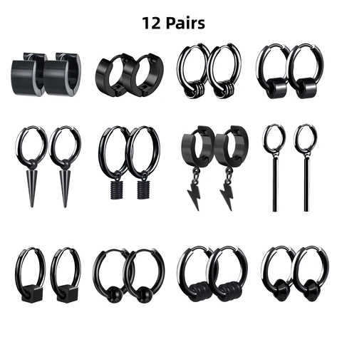 Серьги-кольца CHIEGEEY черные сталь 12 пар