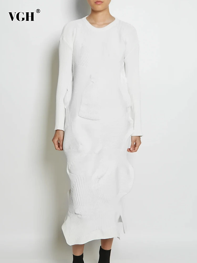 

VGH Solid Asymmetrical Knitting Dress For Women Round Neck Long Sleeve High Waist Split Slimming Dresses Female Fashion Clothing