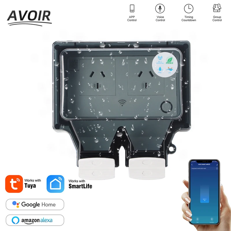 

Avoir Tuya Waterproof Electrical Sockets AU Standard Plug IP66 Outdoor Socket WIth Timer Wifi Smart Life Wall Power Outlets 220V