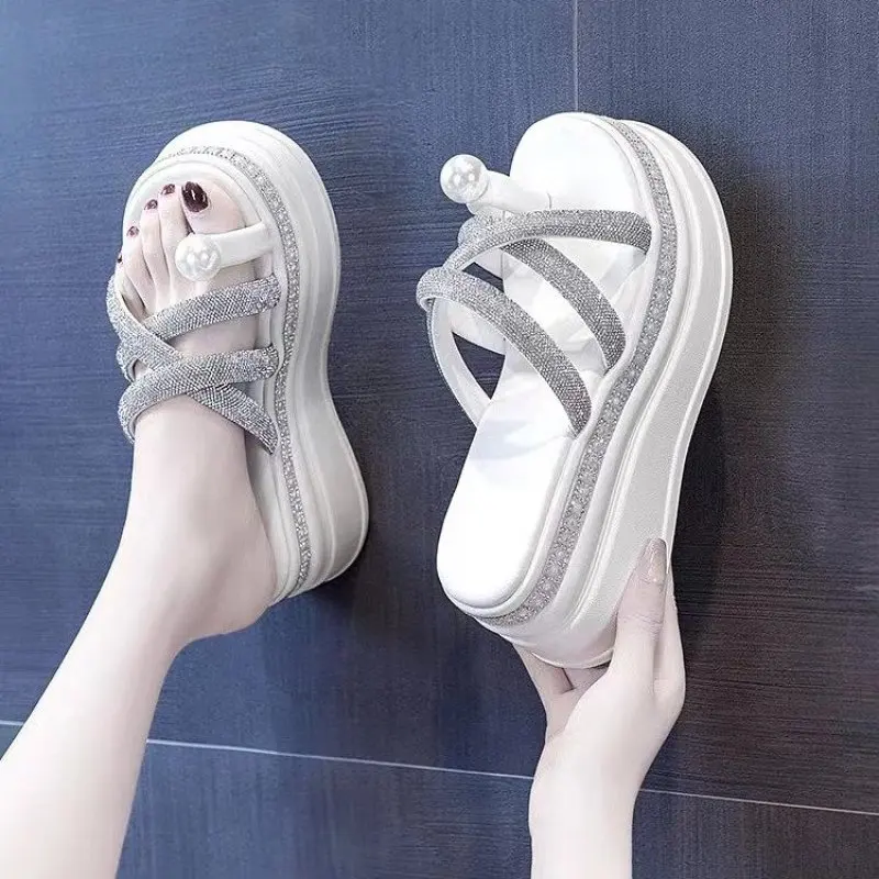 Summer Rhinestone Wedges Heel Women Slippers Platform Peep Toe Height Increasing Slides 2023 Sexy Ladies Shoes luxury sandals