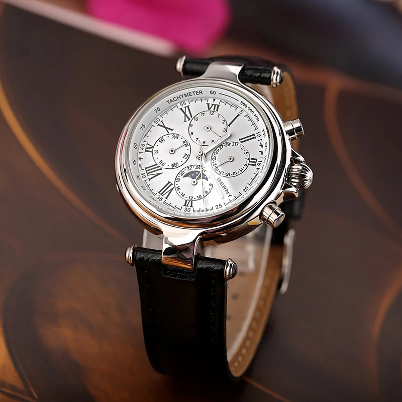 

BERNY Automatic Watch for Men 3ATM Waterproof Sea-gull Movement Mechanical Wristwatch Calendar Sun Moon Self Winding Male Watch
