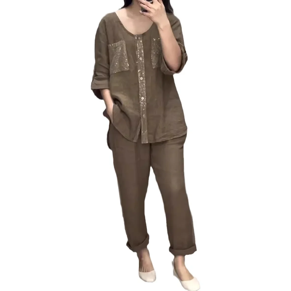 Комплект одежды из 2 предметов однотонный кардиган с блестками хлопка и брюки