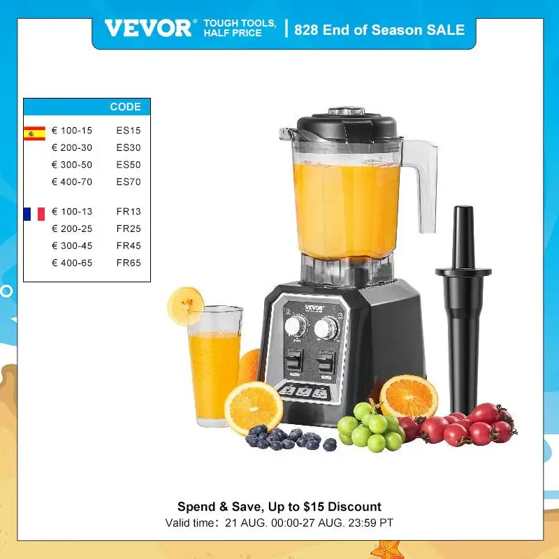 VEVOR 2L Smoothie Blender Professional Countertop Fruit Food Processor Mixer Maker with Stainless Steel for Home Kitchen Bar