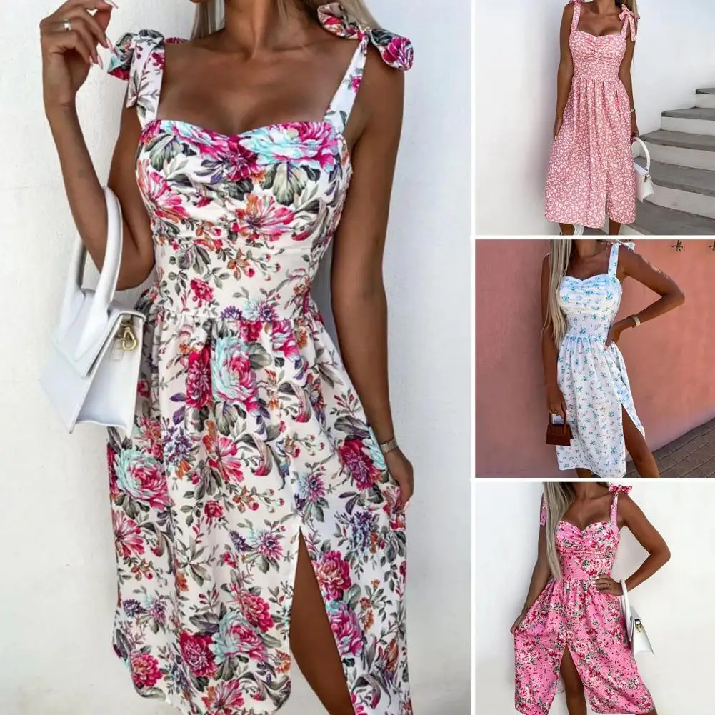 Летнее платье миди без рукавов с бантом разрезом и открытой спиной квадратным