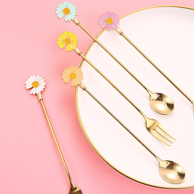

Daisy Sun Flower Mini Stainless Steel Thin Handle Coffee Stirring Spoon Stirring Rod Dinner Fruit Fork Teaspoon Tableware Decor