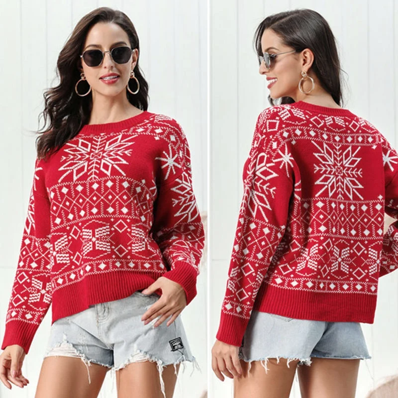 

Women Autumn Winter Christmas Sweater Knitted Jumper Pullover Sweater Snowflake Elk Print Sweaters Pullovers Red