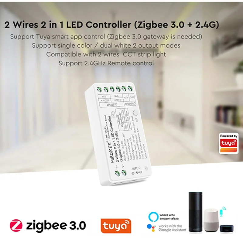 

MIBOXER ZigBee 3.0+2.4G 2 Wires 2 in 1 CCT/DIM LED Strip Controller support single color dual white 2 output modes