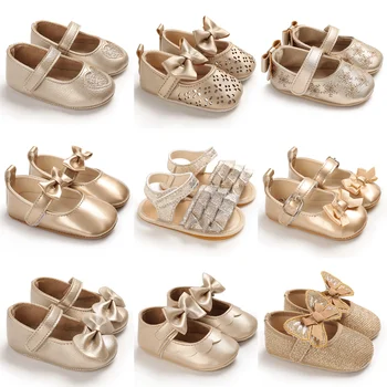 Golden Newborn Baby Baptism Walking Shoes Elegant And Noble Gold Princess Shoes Comfortable Soft Soles Non-slip Walking Shoes 1