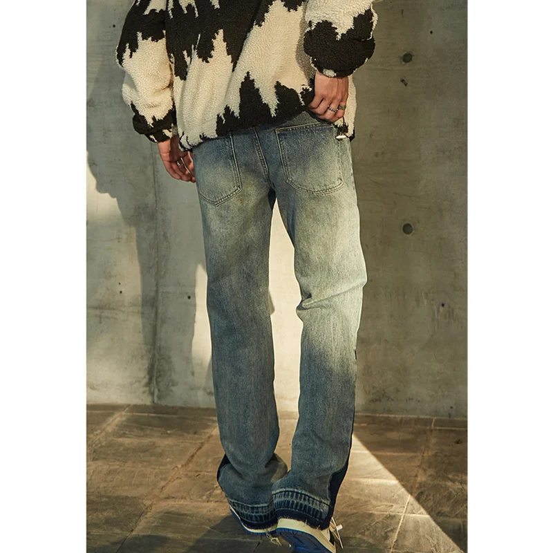 Streetwear Men 2022 New Vintage Straight Tube Splicing Recreational Jeans Simplicity Temperament Cylinder Trousers Autumn Female