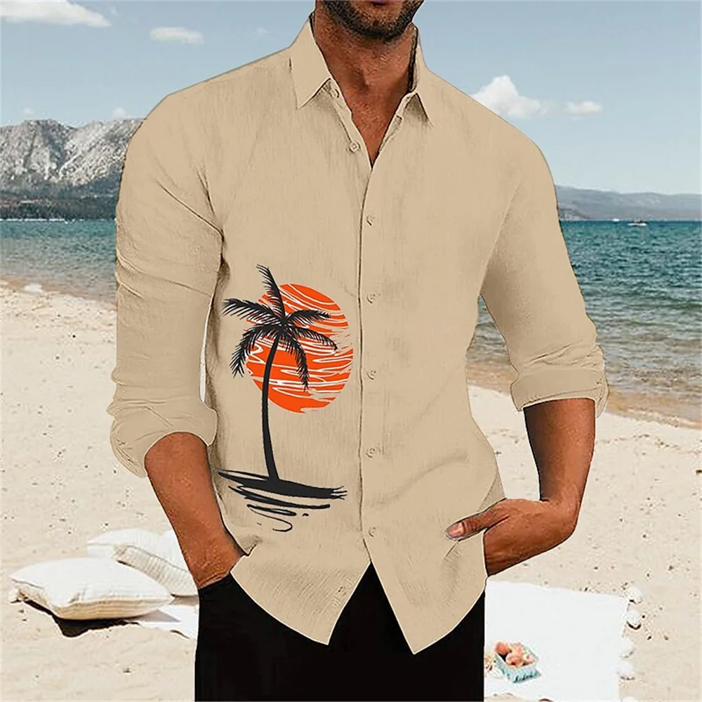 Summer Men' Long-sleeved Shirt Coconut Tree Print High-quality Top Travel Casual Trend Lapel Shirt Fabric Comfortable Breathable