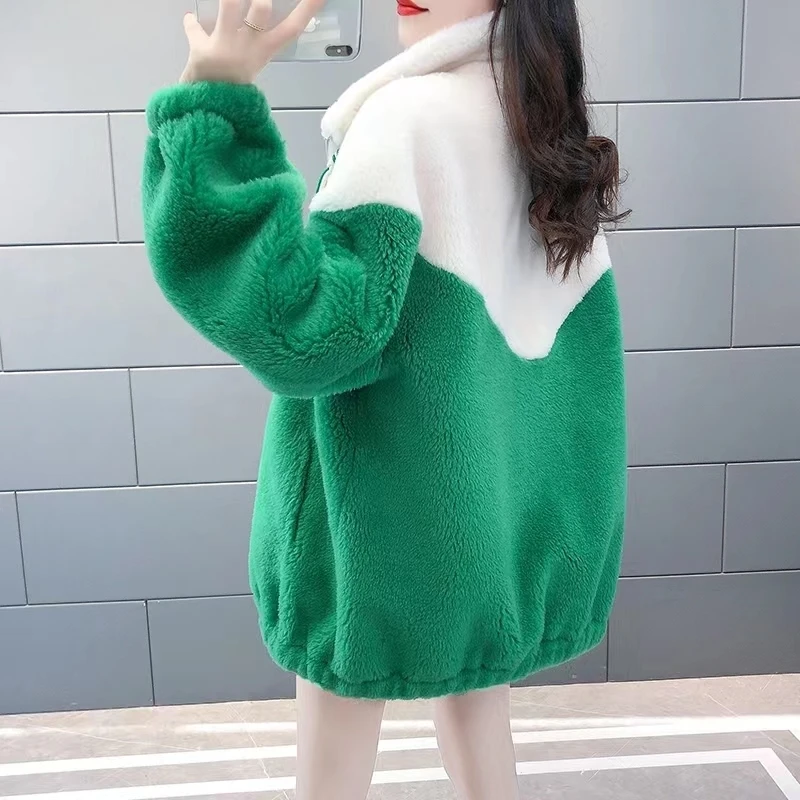 Faux Fur Coat Green White Spliced Lamb Fur Winter Jacket Women 2022 New Fashion Double Faced Fur Loose Tops Famale Clothing