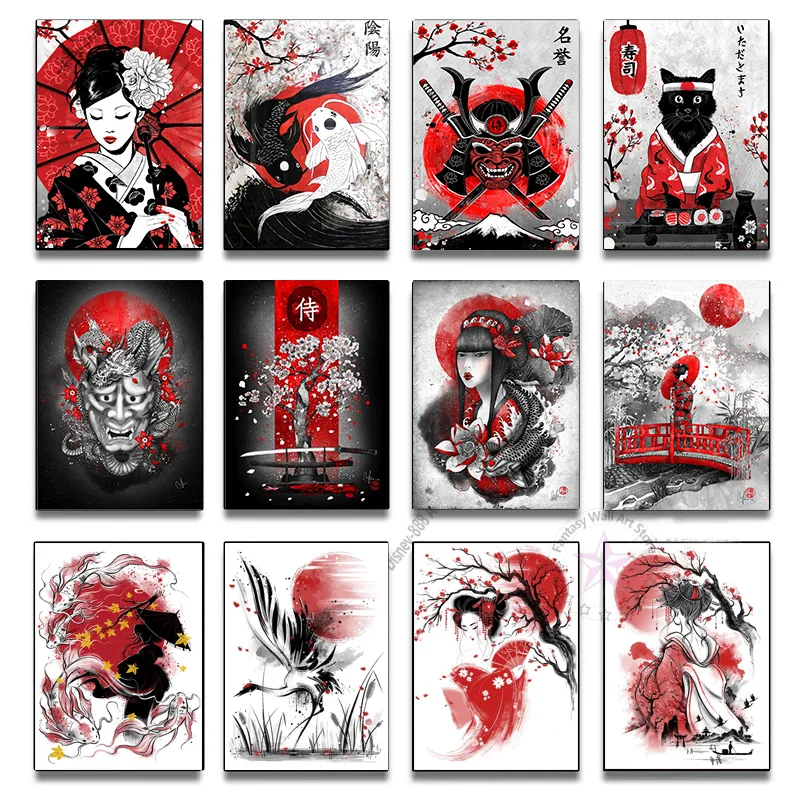 

Japanese Anime Geisha Samurai Poster Koi Yin-Yang Fish Canvas Painting Abstract Cartoon Wall Decor Print Art Picture Room Home