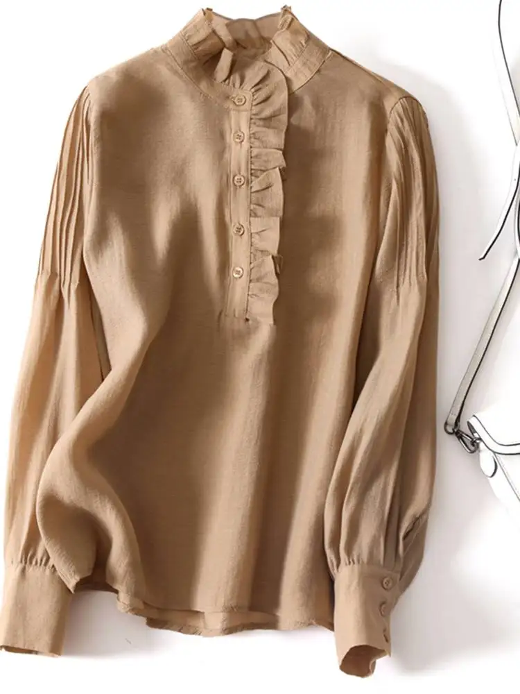 

Women Shirts VONDA 2023 Fashion High Neck Lace Tops Long Puff Sleeve Solid Color Blouse OL Office Formal Blusas Femininas Tops