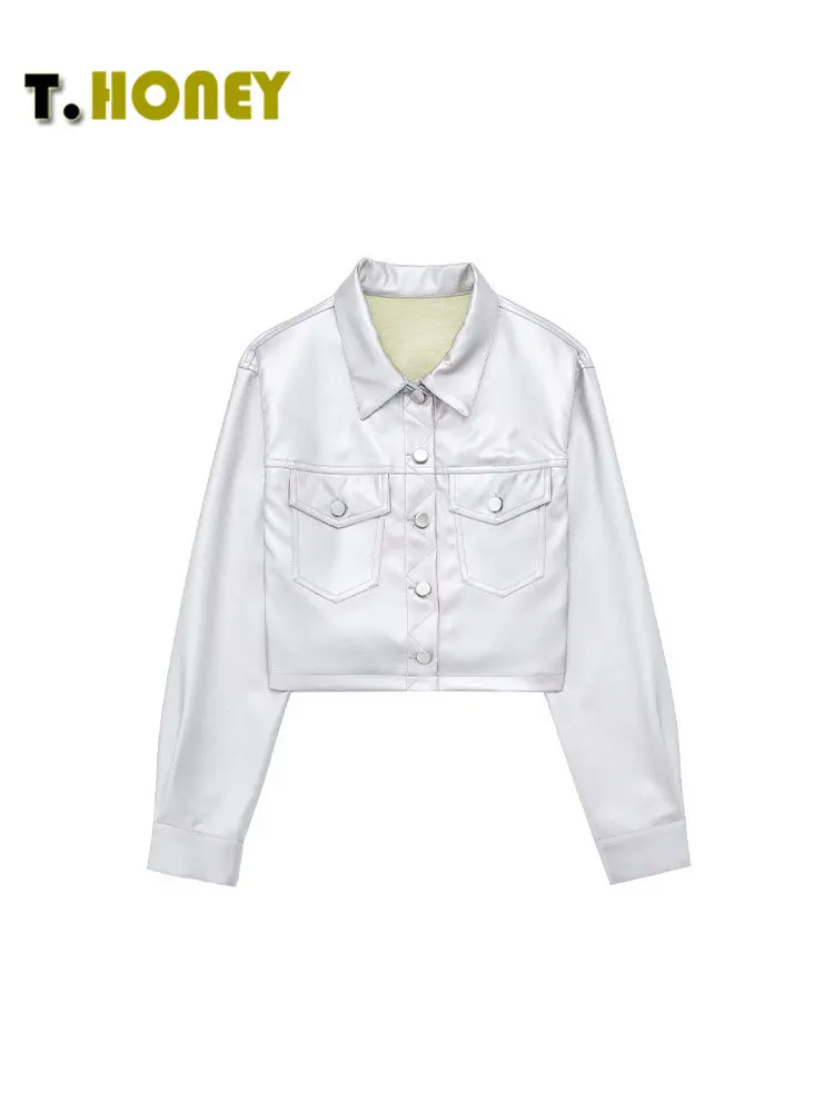 

TELLHONEY женское модное однобортное блестящее кожаное пальто с отложным воротником, Женская Повседневная Длинная одежда без рукавов с карманами