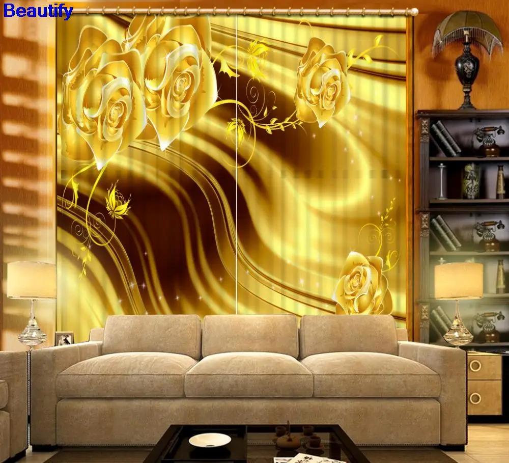 

Beautify European Hotel 3D Curtains For Living room gold rose Luxury Curtains Blackout Bedroom Window Curtain