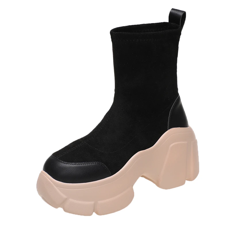 Women's Fashion Platform Shoes Chelsea Slip on 2023 New Elegant Platform Casual Shoes Sock Boots Botas De Mujer Square Heel Pu 2