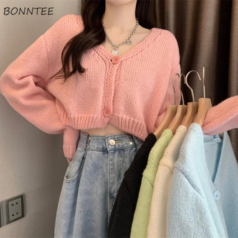 

Cardigan Women 5 Colors Sweet Pink Schoolgirl Simple Autumn Chic Crops Tender Lovely Knitting Leisure Harajuku Preppy Style Cozy