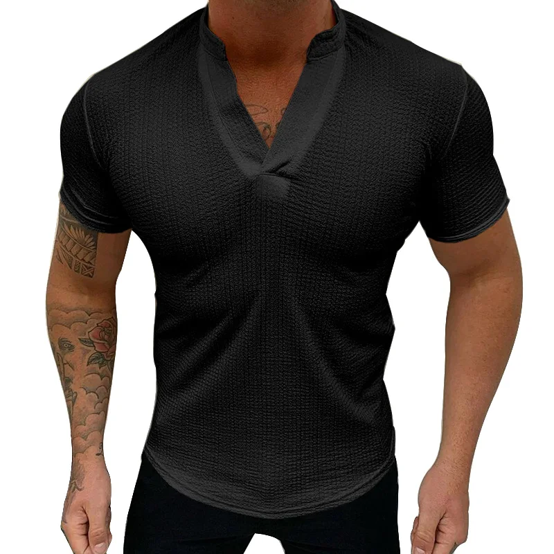 

Summer Fashion T-Shirt Solid V-Neck Pullover Tops Men Casual Short Sleeve Threaded Breathable Slim Men Streetwear Short-sleeved
