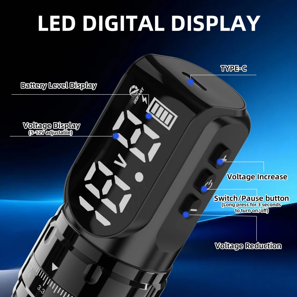 Фото DQFART T9 LED цифровой дисплей, электрическая беспроводная машинка для татуировок, набор 1700 мАч, аксессуары для креативного боди-арта, иглы. №2