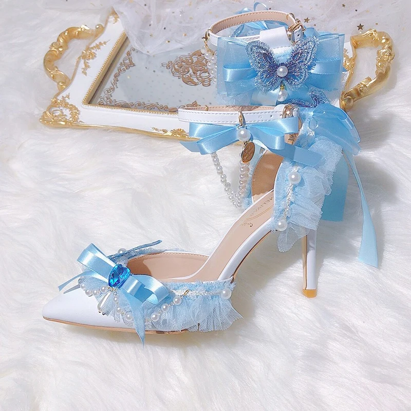 

Lolita Blue Lace Bow Pointed High-heeled Women's Shoes Pearl Fringed Wristband Lo Flower Wedding Bride Wedding