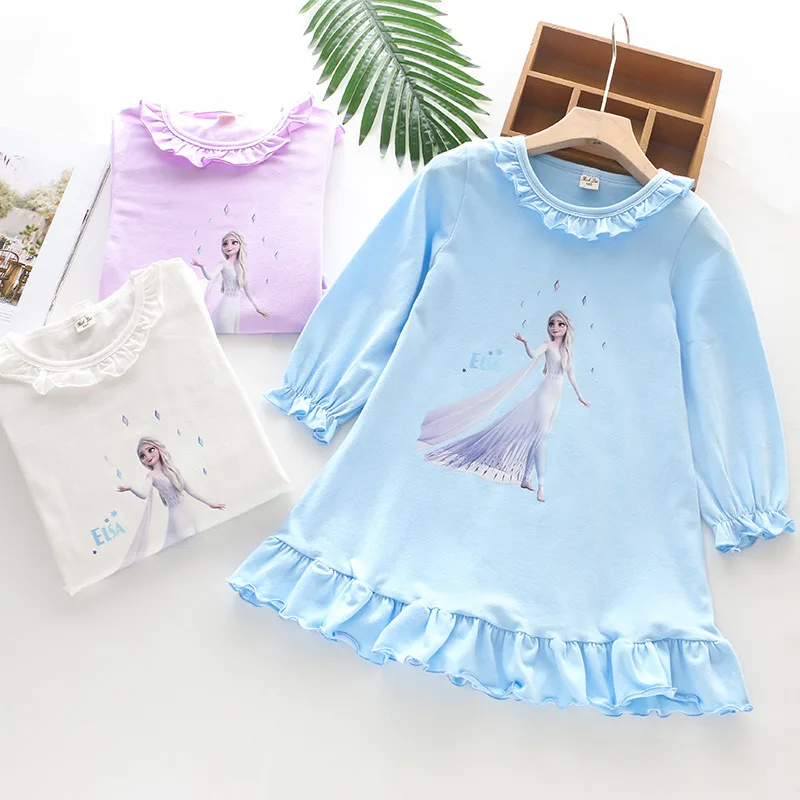 

Весенне-осенняя ночная рубашка для девочек с мультяшным рисунком, Пижама для маленьких детей, принцессы Эльзы с принтом в виде замороженного льда, детская повседневная домашняя одежда с длинным рукавом
