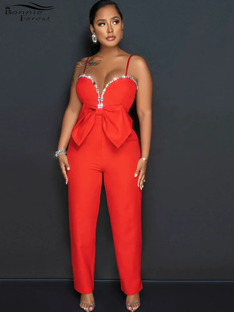 

Bonnie Forest Elegant Bow Tie Rhinestone Jumpsuits New Chic Sequins Romper Long Pants Overalls Celebrities Outfits Sexy Clubwear