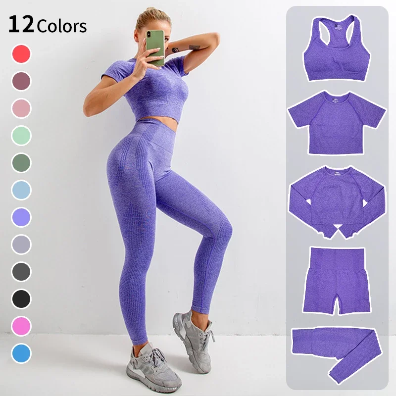 

2/5Pcs Seamless Yoga Suit Women's Fitness High Waist Tight Sportswear Gym Sportswear Long Sleeve Top Tight Yoga Suit