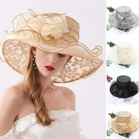 elegant women church cap wide brim cloth flower organza banquet hat summer foldable hot stamping sequins sun hat for beach