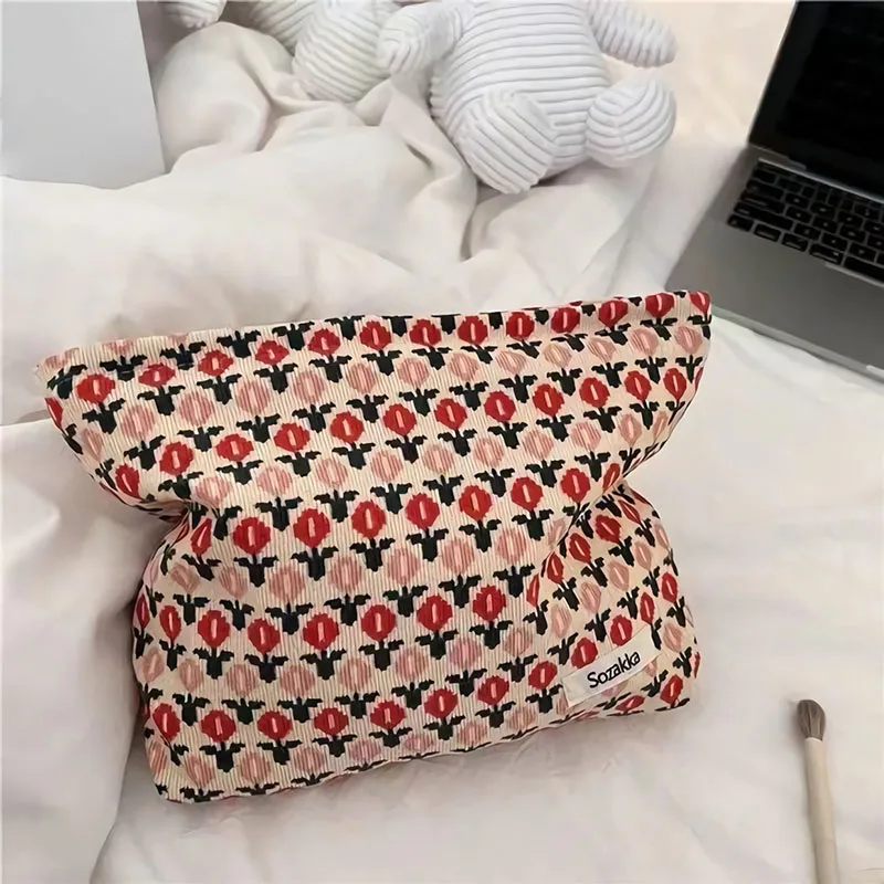 

Women Travel Cosmetic Beauty Storage Cases Corduroy Retro Flowers Print Cosmetic Wash Bag Large Make Up Organizer Clutch Bag