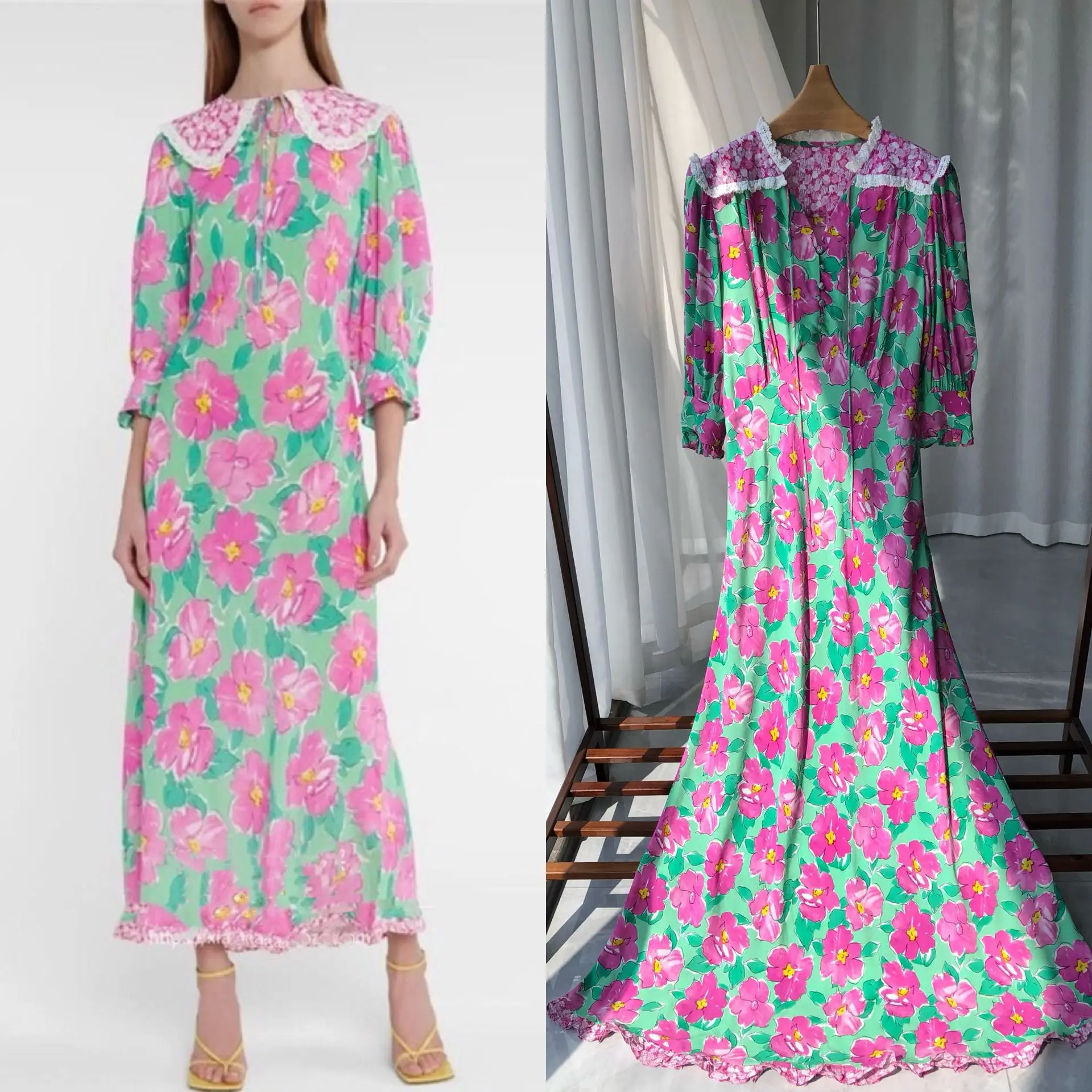 Women's Lace Trim Maxi Dress Sweet 100% Viscose Three Quarter Sleeve Loose V-neck Robe for Female