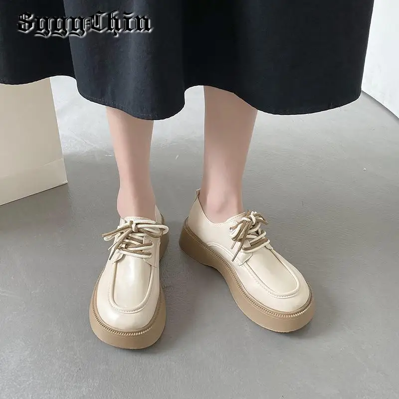 

Туфли-лодочки женские классические, оксфорды, Дерби, плоская подошва, платформа, на шнуровке, круглый носок, ретро, модная обувь