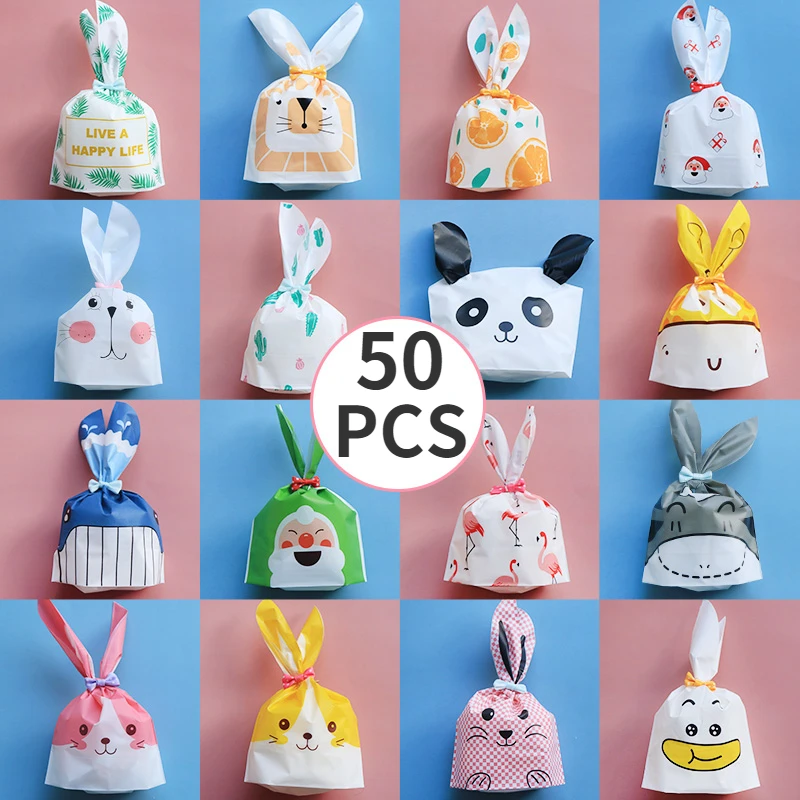 

50pcs/lot Cute Rabbit Ear Bags Cookie Plastic Bags&Candy Gift Bags For Biscuits Snack Baking Package And Event Party Supplies