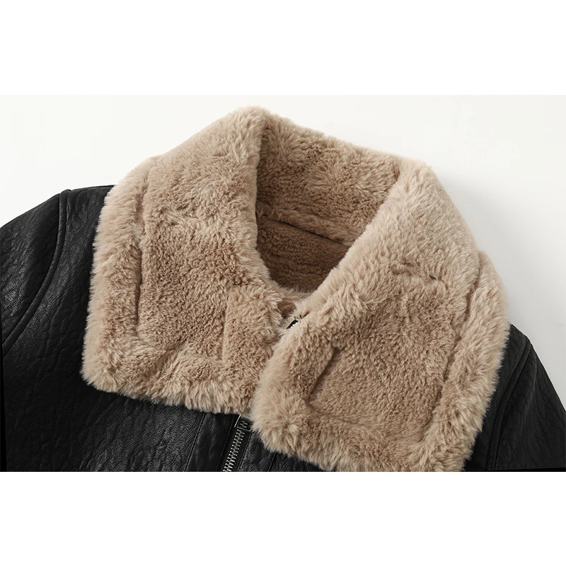 Fashion 2021 Faux Fur Coat Women Fur Collar Leather Jacket Warm Plush Thick Outerwear Winter Ladies Wool Coats Zipper Jackets