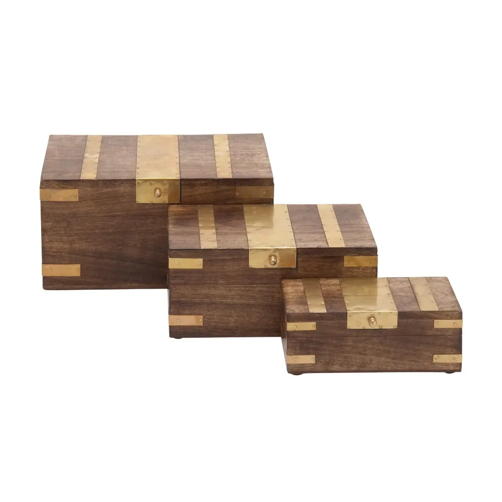 

Brown Mango Wood Decorative Box with Hinged Lid 3 Count Sturdy and Durable Easy To Clean with Base Suitable for Indoor
