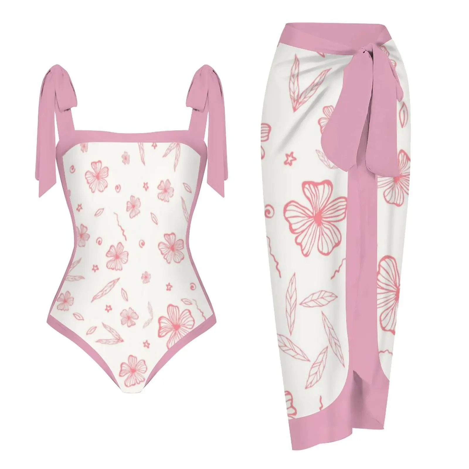 

2PC Pink Floral Women's Bikini Swimsuits With Chiffon Wrap Sarong Bathing Suits Beach Long Cover Ups Skirt Swimwear Monokini