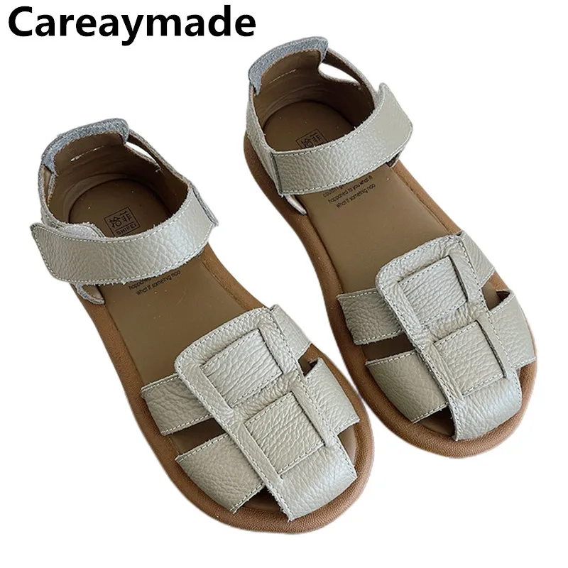 Careaymade-Summer Genuine Leather soft soles sandals,women Roman artistic round toe flat shoes,cowhide Comfortable women's shoes