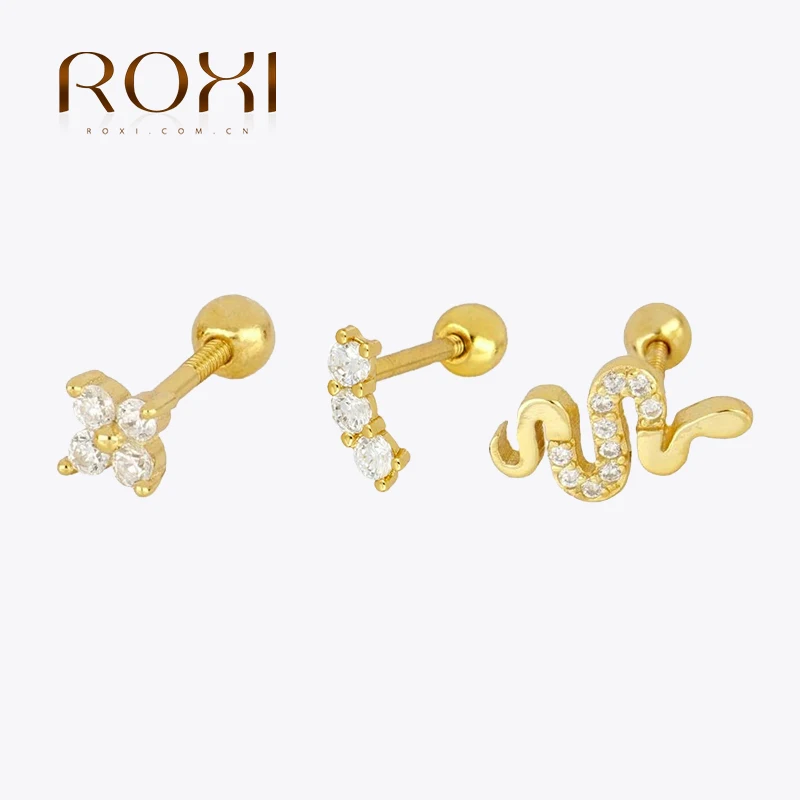 Женские серьги-гвоздики в минималистском стиле ROXI, серьги из стерлингового серебра 925 пробы с геометрическим узором в виде Луны, змеи, бабочки, 925