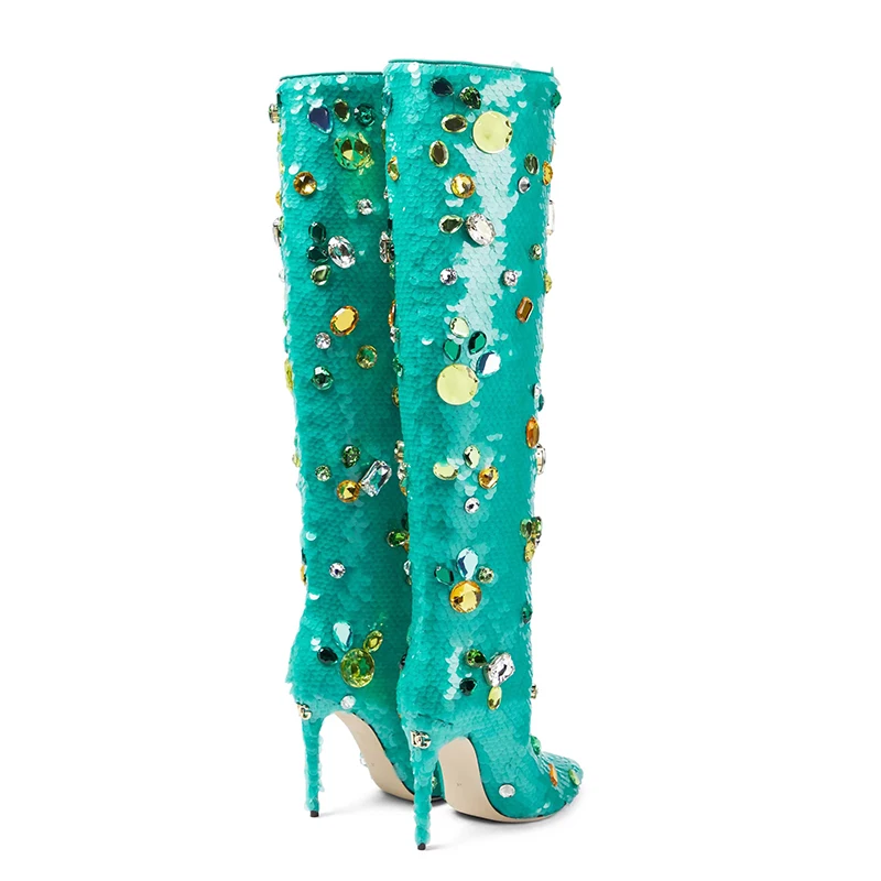 Dovereiss 2022 Fashion Slip On Clear Heels Green Bling Knee High Boots Winter New Stilettos Heels Pointed Toe Big  Size 41 42 43