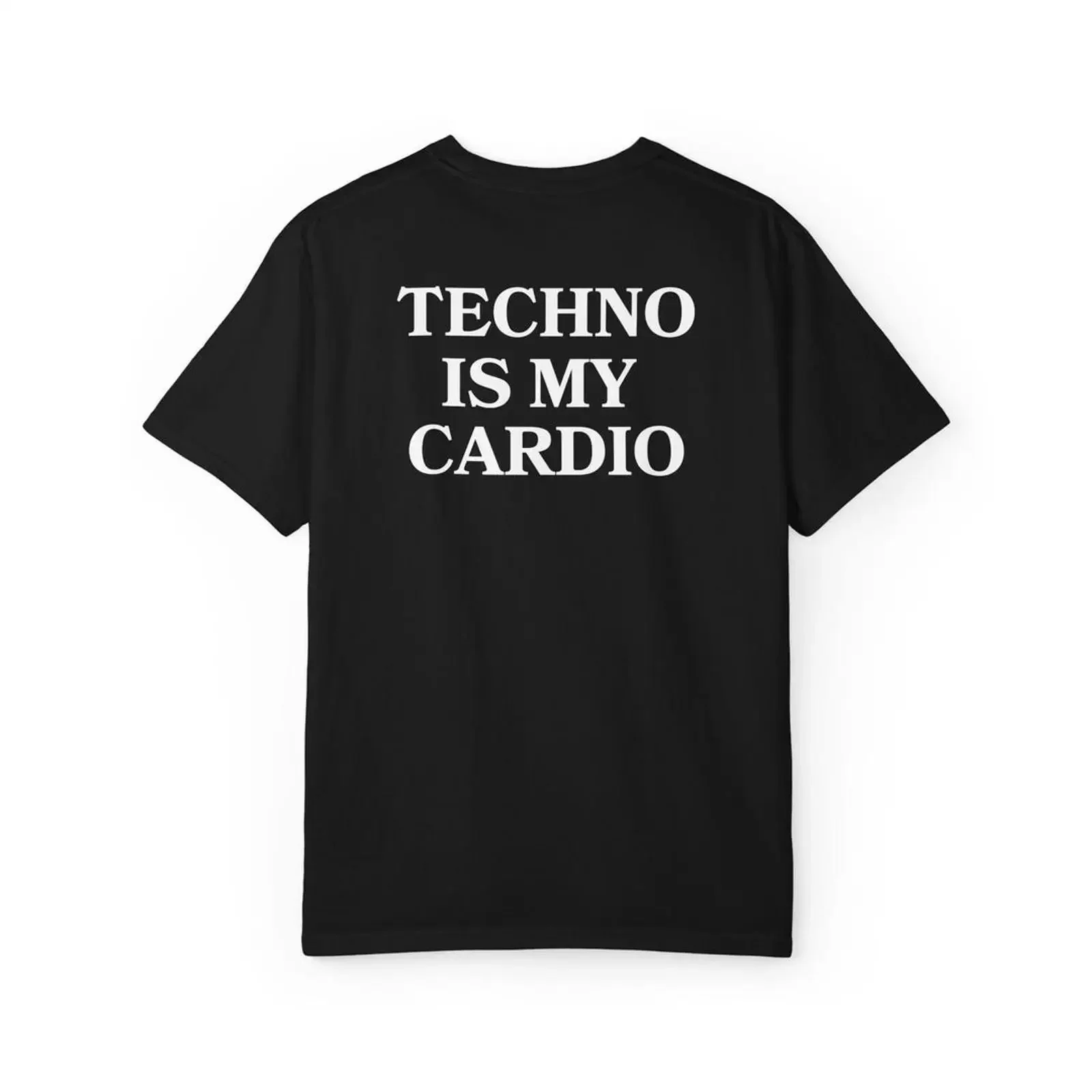 Фото Футболка Techno is My Cardio в стиле EDM Rave, винтажная, с эффектом потертости, эластичная, уличная одежда, удобная, с графическим принтом, повседневная, унисекс, дышащая. №1