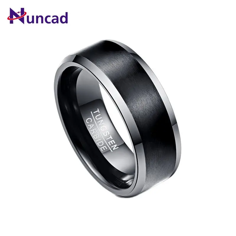 

NUNCAD Men's 8mm Black Brushed Tungsten Wedding Band Rings Matte Finish Polished Beveled Edge Comfort Fit